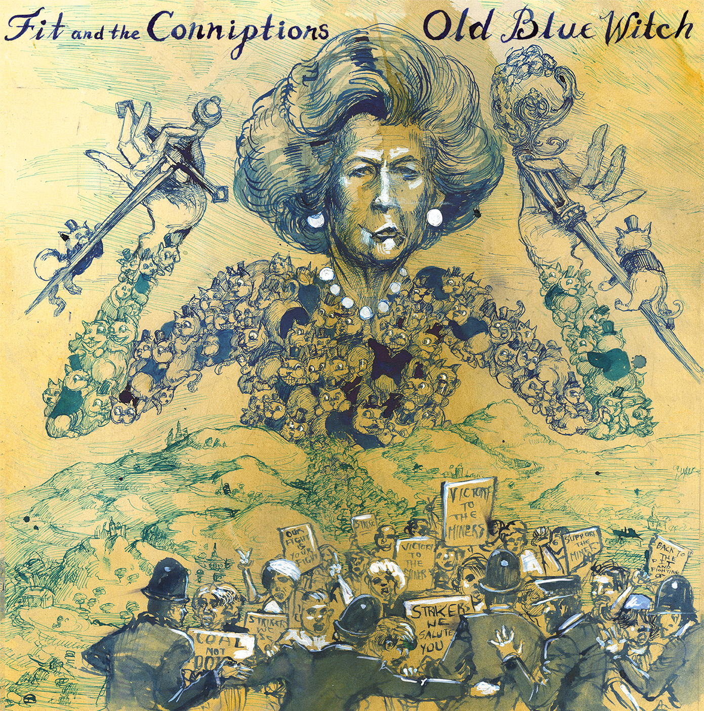 Margaret Thatcher, holding a sword in one hand and a sceptre in the other, her dress covered in fat cats, rises ominously above a barren landscape with policemen fighting striking miners in the foreground